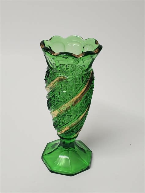 Vintage Emerald Green Glass Vase Diamond Swirl Band Gold Trim Collectible Ebay