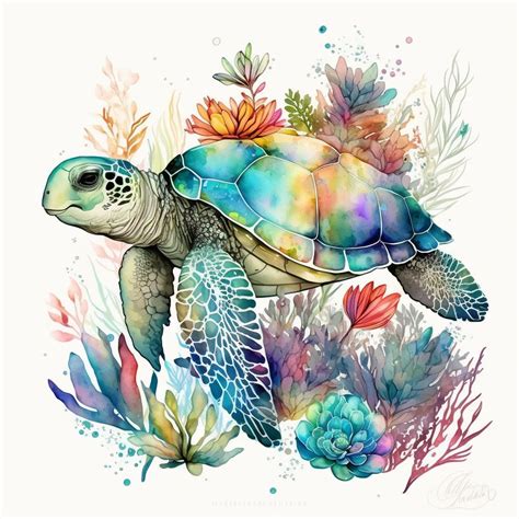 Watercolor Sea Turtle Colorful Flowers Design For Tumbler Etsy Canada