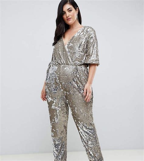 tfnc plus plus sequin wrap front jumpsuit in multi silver plus size outfits metallic pants