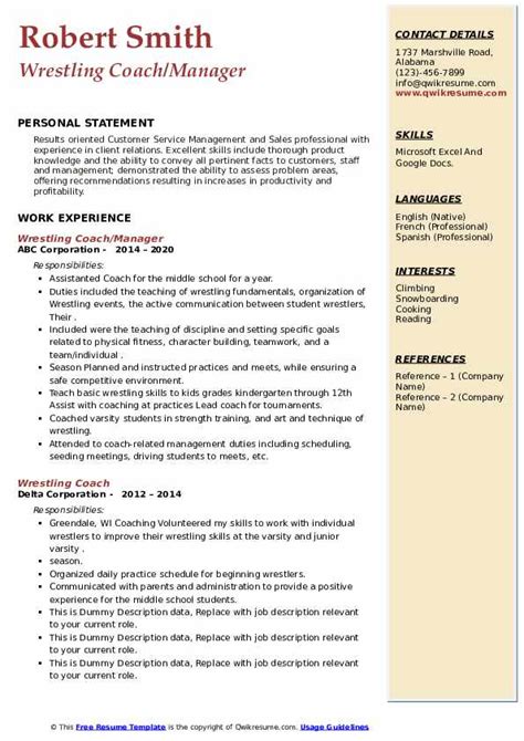 Write the perfect resume with help from our resume examples for students and professionals. Wrestling Coach Resume Samples | QwikResume