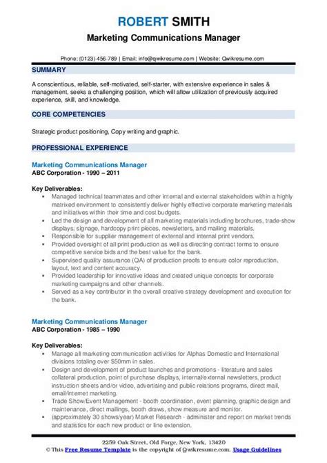 Sample Resume For A Marketing Communications Manager Baden