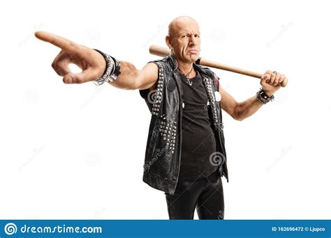Angry Punk With A Baseball Bat Gesturing With Finger Stock Photo