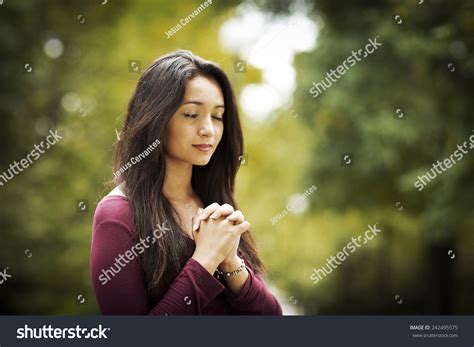 Woman Hands Praying In The Forest Outdoors Nature Stock Photo