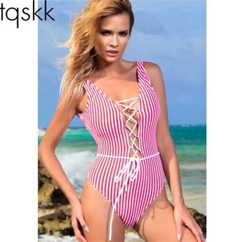Tqskk New Striped One Piece Swimsuit Female 2019 Sexy Swimwear Summer