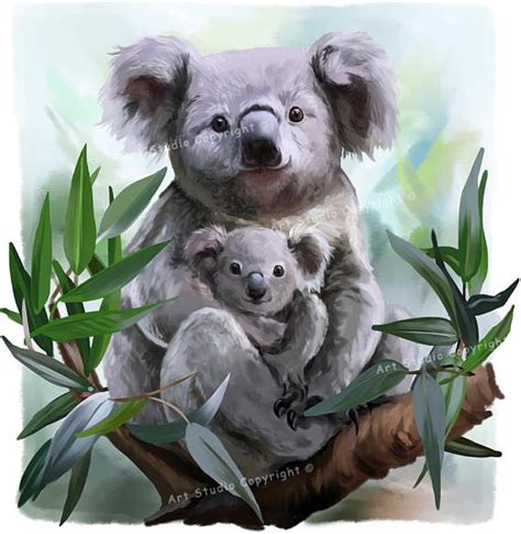 Mother And Baby Koala Bear In The Tree Watercolor Style