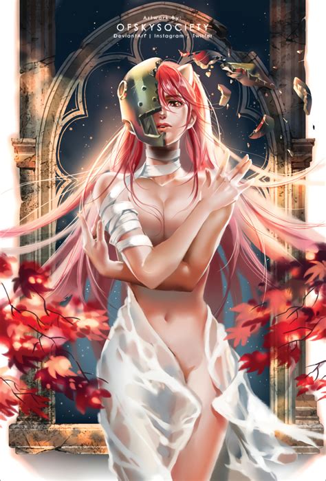 Ofskysociety Lucy Elfen Lied Elfen Lied Highres 1girl Battle Damage Breasts Cleavage