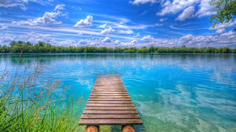 Background Beautiful Nature Lake Blue Sky With White