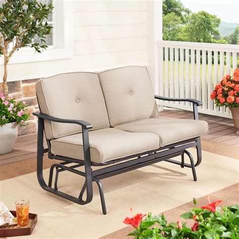 Mainstays Belden Park Outdoor Furniture Patio 2 Person Glider Bench With Cushions Beige Home