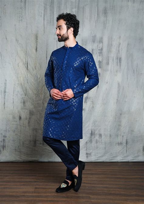 embroidered royal blue kurta pyjama set with all over sequin design at rs 4448 00 men kurtas