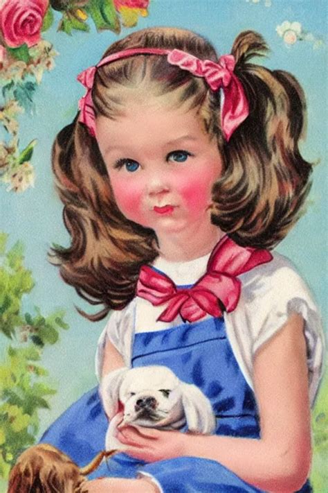 A Vintage Cute Girl With Pigtails And Puppy Beautiful Stable