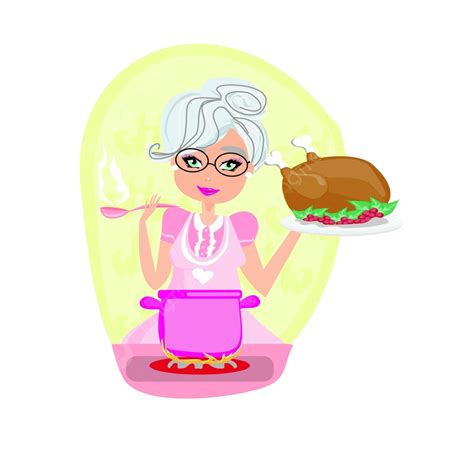 Grandmother Cooking Soup And Serving Chicken Waitress Vector Chicken