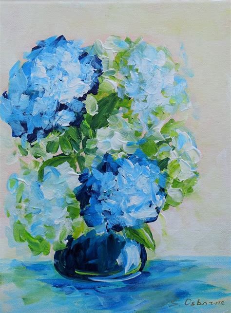 Blue White Hydrangea Flowers Small Painting On Canvas Impressionistic