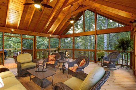 Screen Porch Exposed Rafter Gable Ceilings And Grilling Deck