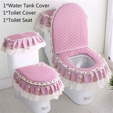 3pcs Toilet Seat Cover Set Bathroom Floral Lace Lid Pads Water Tank