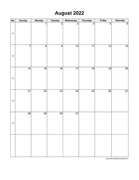 2022 August Calendar Blank Vertical Template Free Calendar