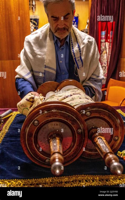 Rabbi Unrolling Sefer Torah Scrolls Paris France Stock Photo Alamy