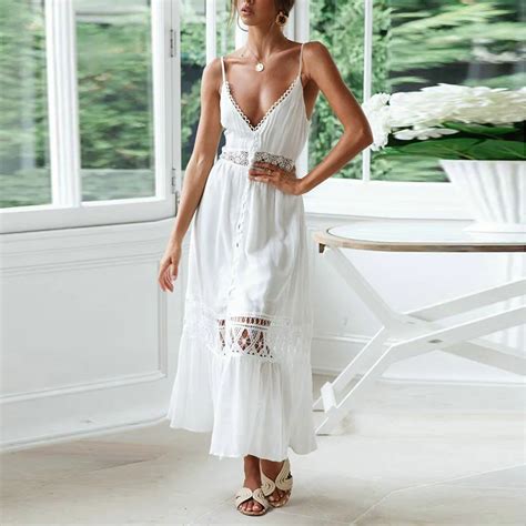 White Summer Dress Women Casual Solid Long Dress V Neck Lace Patchwork