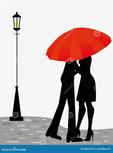 Couple Kissing Under Umbrella Silhouette Crayon Art
