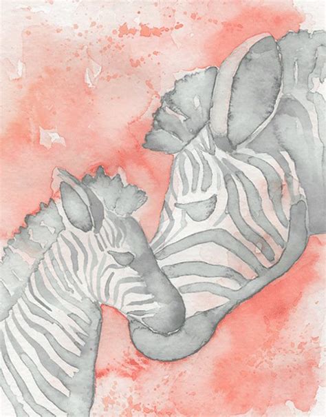 8x10 Zebra Mom And Baby Print Of My Original Watercolor Coral And Gray