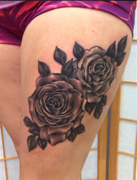 Black And Gray Rose Thigh Piece By Carrie Top Rose Healed Bottom