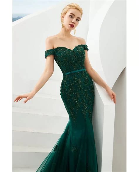 Mermaid Green Lace Beading Prom Formal Dress With Off Shoulder Strap