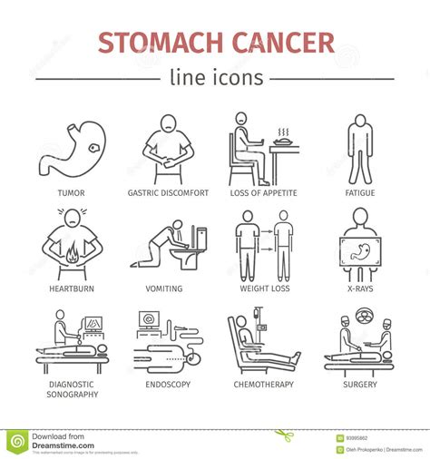 Stomach Cancer Line Icons Symptoms And Diagnosis Stock Vector