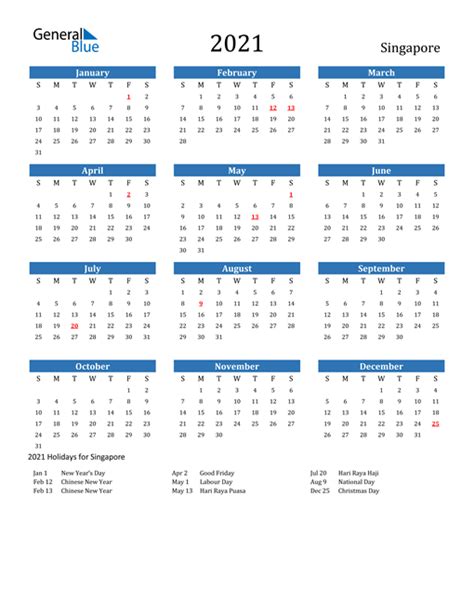 Simple calendar 2021 and calendar 2021 with notes in ink saver color scheme. 2021 Calendar - Singapore with Holidays