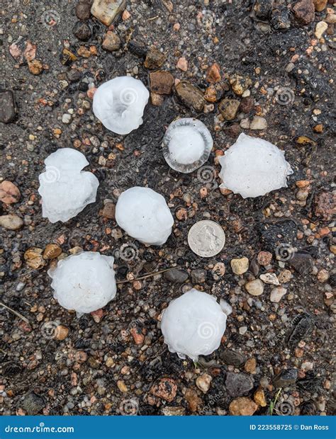 Several Large Hail Stones From A Severe Thunderstorm Laying On Asphalt