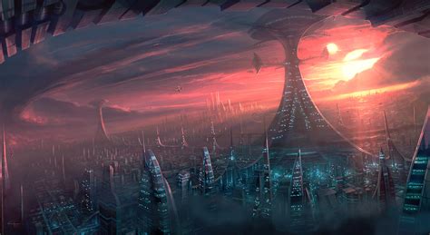 A Sci Fi Cityscape Is Shown In The Distance With An Orange And Blue Sky