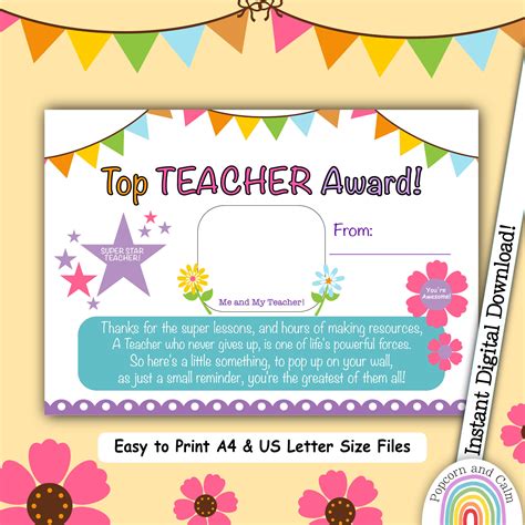 Top Teacher Award Best Teacher Certificate Thank You Teacher Teacher