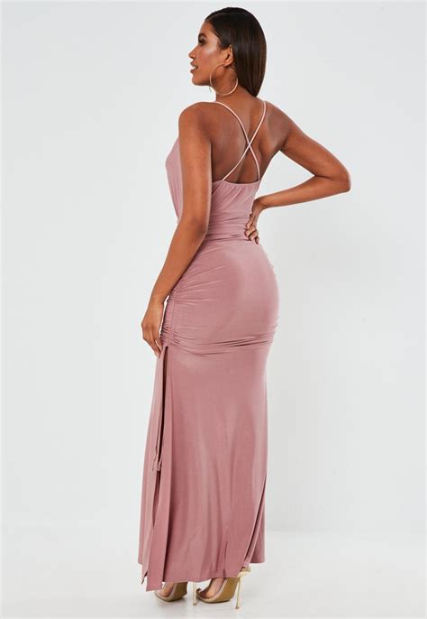 Pink Slinky Ruched Cowl Neck Maxi Dress Missguided