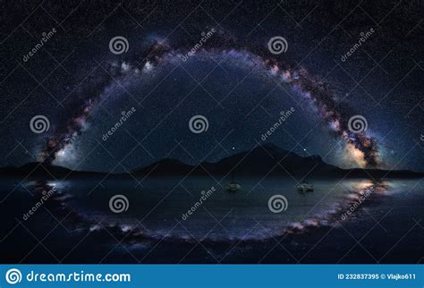 Milky Way Panorama On The Open Sea With Two Lonely Boats Astro Night