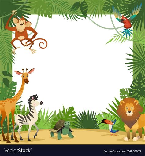 Jungle Animals Card Frame Animal Tropical Leaves Greeting Baby Banner