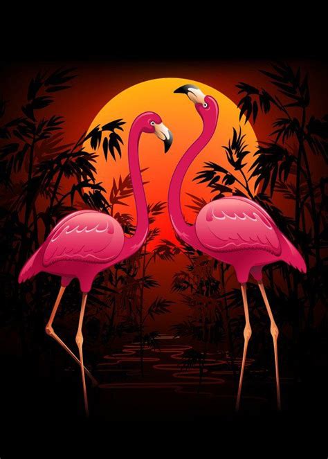 Pink Flamingos On Peaceful Tropical Sunset Pink Flamingos On Peaceful