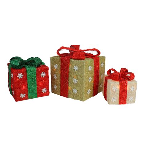 Northlight Set Of Lighted Gold Cream And Green Gift Boxes Outdoor
