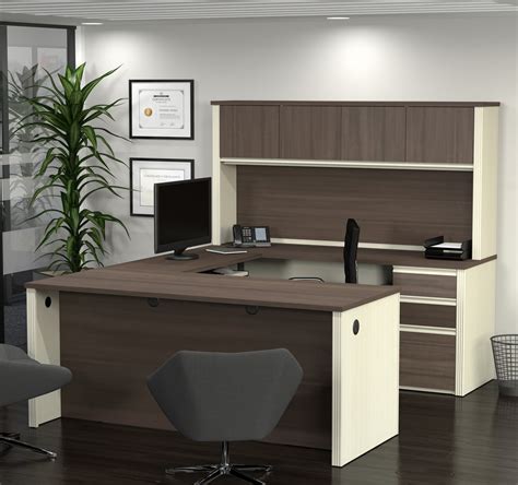 U Shaped Desk With Hutch In White Chocolate And Antigua