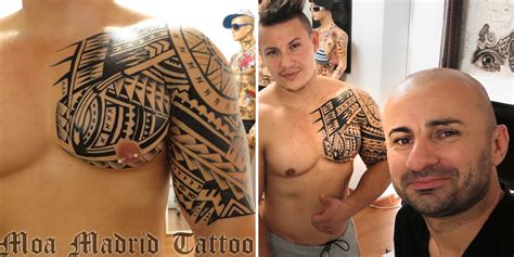 Los tatuajes maoríes en distintas zonas del cuerpo. Tatuaje maorí en pectoral, hombro y brazo | Moa Madrid Tattoo