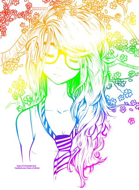 Rainbow Cute Girl~ Line Art Colored Anime Anime