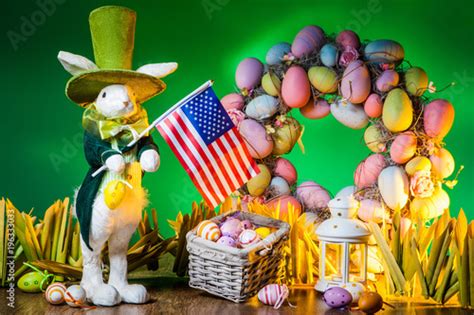 The Feast Of Easter Rabbit With Colorful Eggs Easter Holiday In The