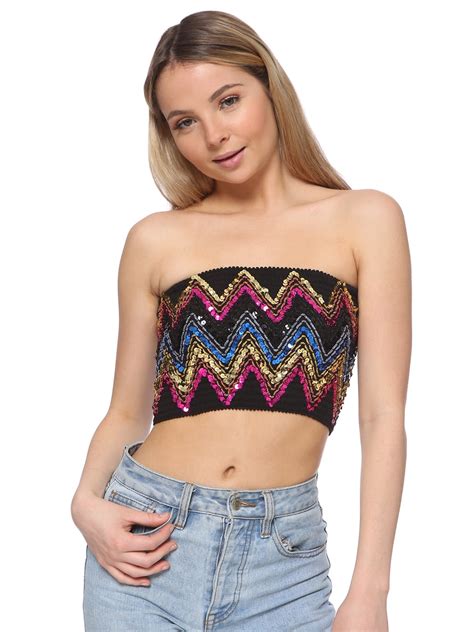 Womens Shiny Sequin Party Cropped Strapless Bandeau Stretch Tube Top Walmart Com