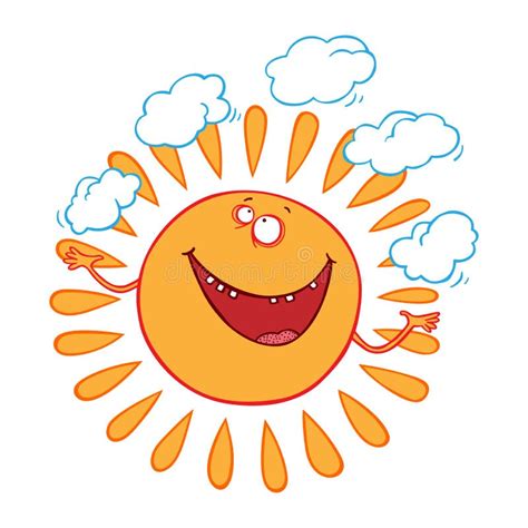 Cartoon Smiling Sun Juggles Clouds Cute Vector Sun Character Stock
