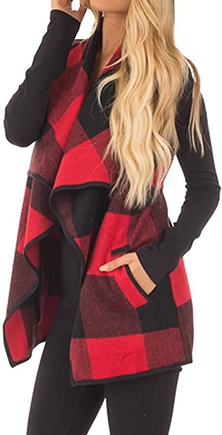 Yacun Women Vest Lapel Open Front Buffalo Plaid Sleeveless Cardigan