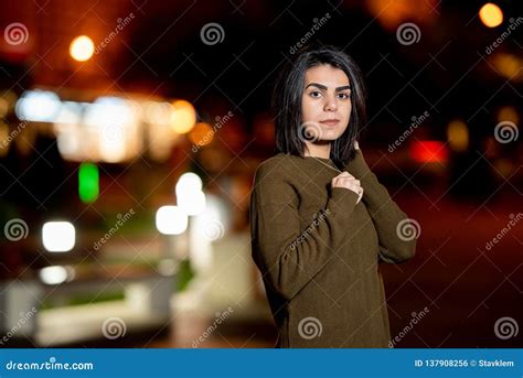 Young Beautiful Woman In Evening Night City Stock Photo Image Of Fall