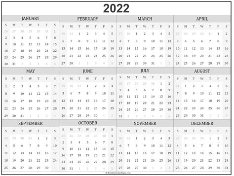 2022 Year Calendar Yearly Printable