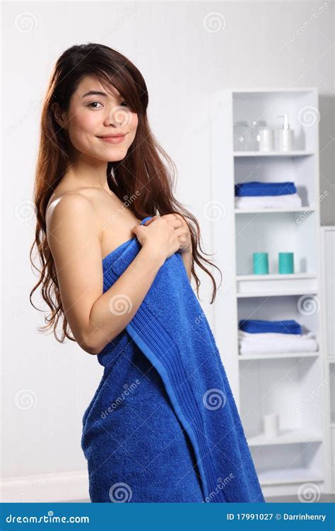 Beautiful Oriental Woman Wearing Blue Bath Towel Royalty Free Stock