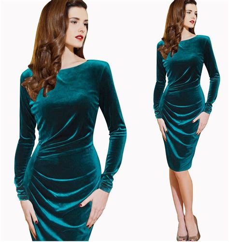 Women Winter Long Sleeve Velvet Ruched Office Party Stretch Bodycon Fitted Dress Long Sleeve