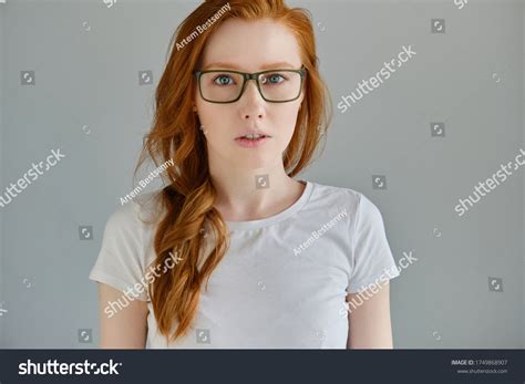 Headshot Redhaired Girl White Tshirt Glasses Stock Photo 1749868907
