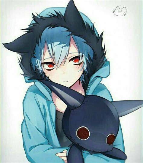 An Anime Character With Blue Hair And Red Eyes Holding A Stuffed Animal