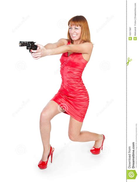 Beautiful Woman In A Red Dress With A Gun Stock Image Image 19317987