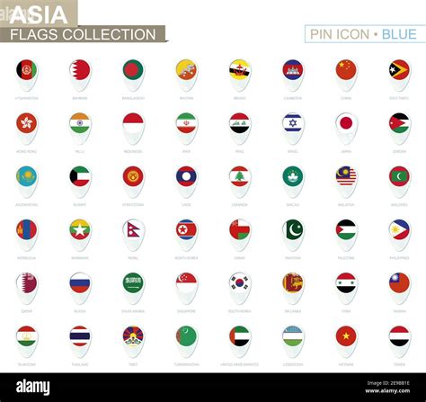 Asia Flags Collection Big Set Of Blue Pin Icon With Flags Of Asian